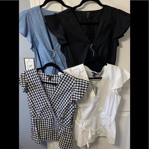 Lot of 4 J. Flutter Sleeve Peplum, Wrap Top in Cotton Poplin Waist Tie 8 Tall
